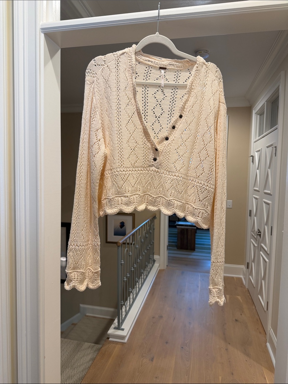 Free People Cream Crochet V-Neck Button Pullover (bw)